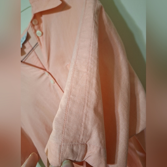 Vintage 90s Chaus Women's silk linen button-up shortsleeve blouse salmon pink S - Picture 5 of 6